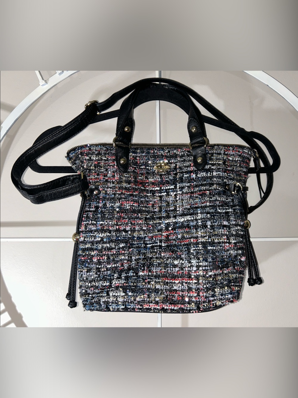 Juicy Couture Black Trim Tweed Small Tote with Lip Embellishment
